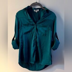 Express Portofino Shirt Womens Size XXS Blue Button Front Long Roll Tab Sleeve